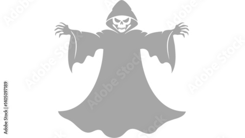 Spectre encapuchonné en PNG transparent : silhouette grise de faucheuse avec crâne et mains squelettiques pour superposition