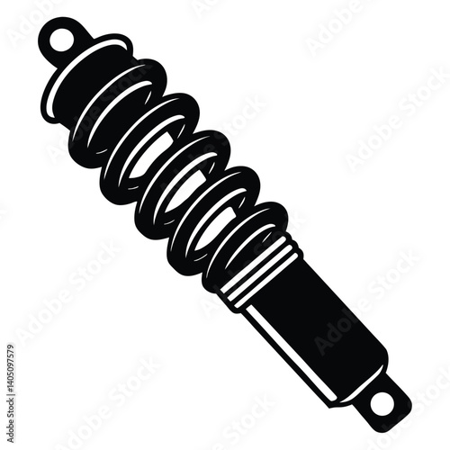 Black and White Car Shock Absorber Illustration: Automotive Suspension System Part, Vehicle Component, Detailed Spring Coil Design Graphic