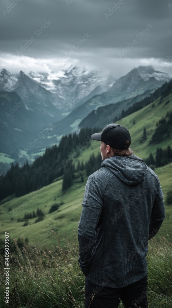 man with backpack in mountains enjoying beautiful view of mountains man with backpack in mountains enjoying beautiful view of mountains