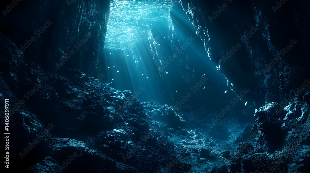 Obraz premium Mystical Underwater Cave: An ethereal underwater cave bathed in captivating blue light, revealing a breathtaking aquatic sanctuary and evoking a sense of mystery and wonder.