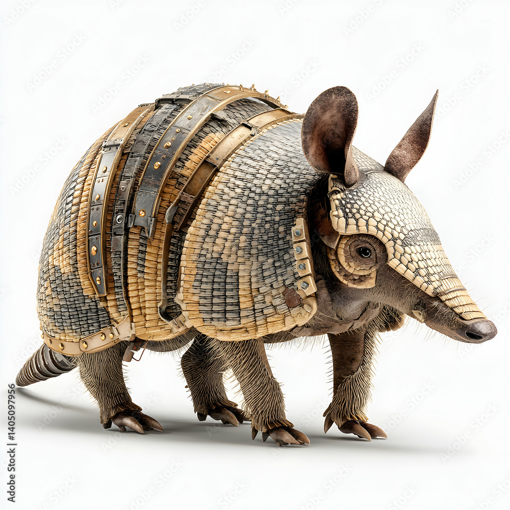 A detailed armadillo with armor plating and visible fur standing on a plain white background studio shot A detailed armadillo with armor plating and visible fur standing on a plain white background studio shot