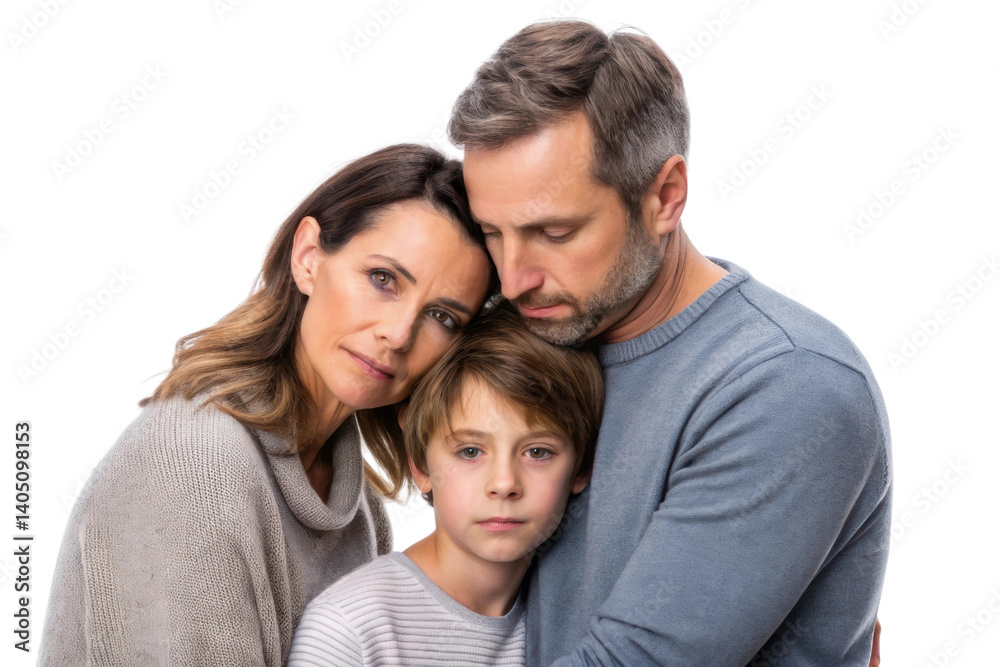 Emotional family portrait with parents embracing son in cozy sweaters at home Emotional family portrait with parents embracing son in cozy sweaters at home