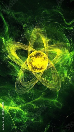 Ethereal energy core, a vibrant nexus of glowing green and golden illumination