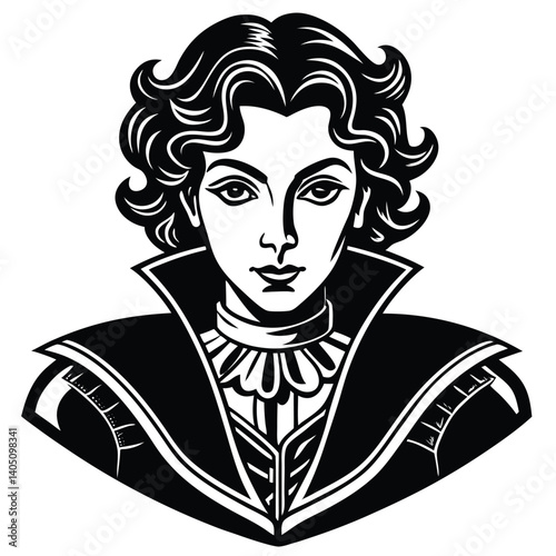 Elegant Black and White Vector Illustration of a Vampire with Curly Hair and High Collar, Gothic Style Portrait for Halloween Designs