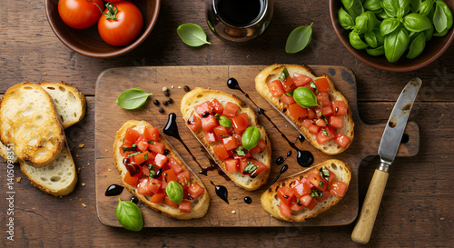 Classic Bruschetta With Fresh Tomatoes And Basil On A Wooden Cutting Board