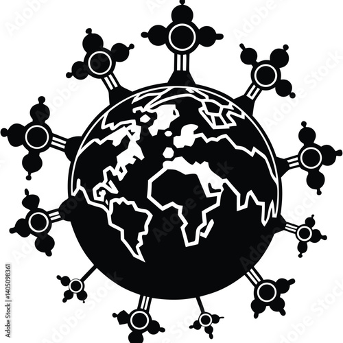 Global Network Icon: Black and White Vector Illustration of World Connectivity, Communication, and International Relations Design