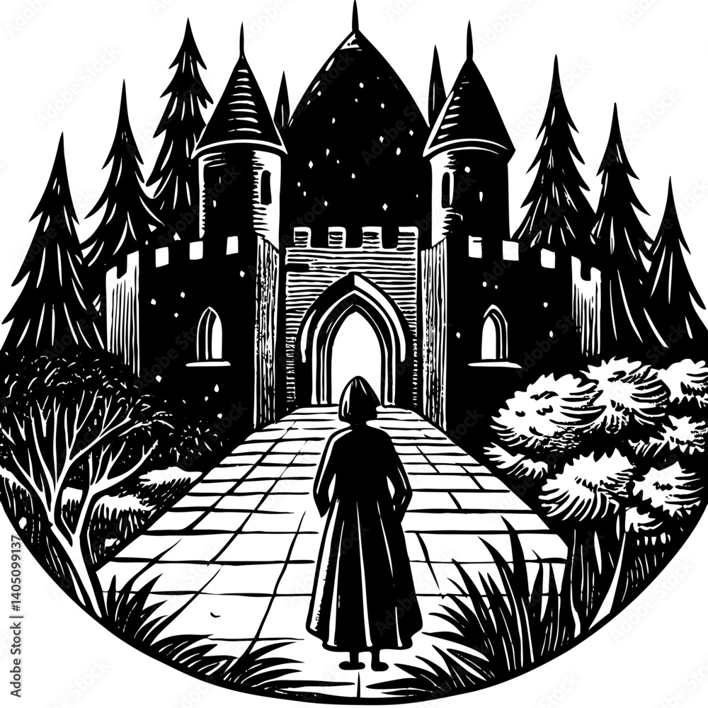 Person approaching a majestic castle surrounded by trees