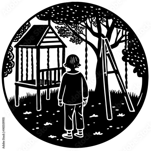 Child gazing at playground equipment in a serene garden  