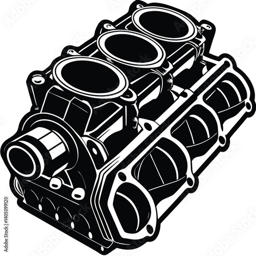 Black and White Vector Illustration of Engine Block: Automotive Part, Internal Combustion Engine, Car Component, Detailed Design