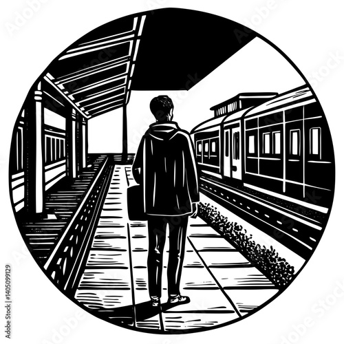 Person waiting at a train station looking toward arriving train  