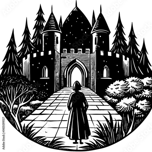 Person approaching a majestic castle surrounded by trees  