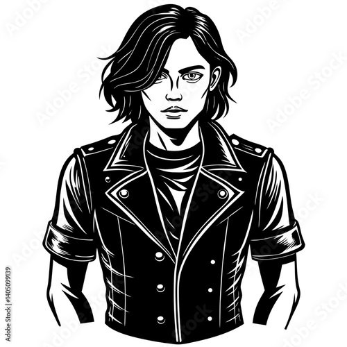 Young man expressing confidence in a black leather vest  