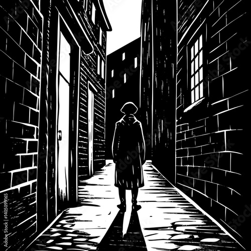 Person standing in a dark alleyway, silhouetted against buildings  