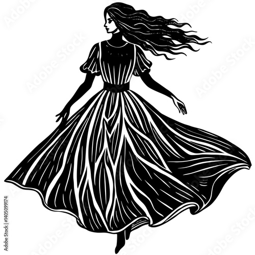 Elegant woman dancing in a flowy black and white dress  