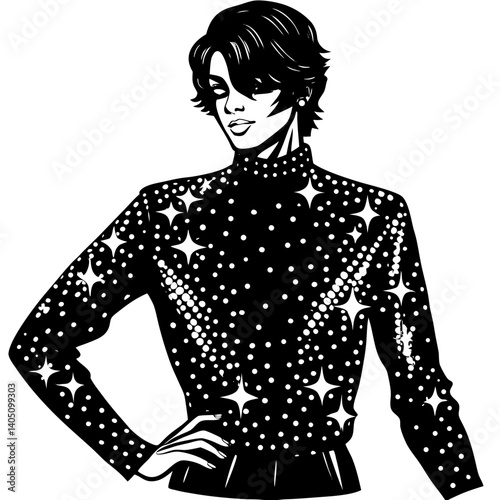 Stylish person in sparkling sequined top posing confidently  