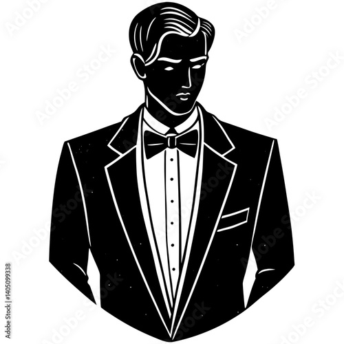 Stylish man in tuxedo displayed in classic monochrome illustration  