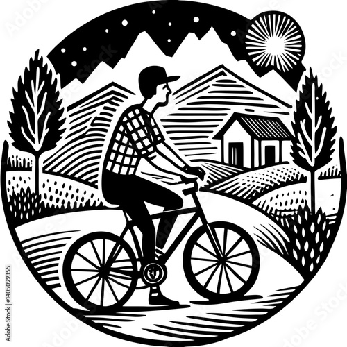 Person Riding Bicycle in Countryside Against Mountains and Sun  