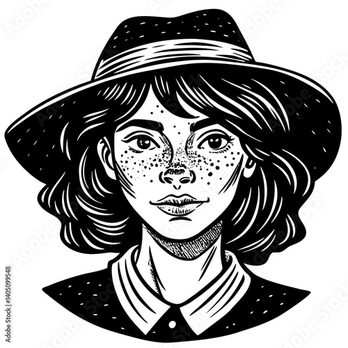 Freckled girl wearing a sun hat in a minimalist illustration  