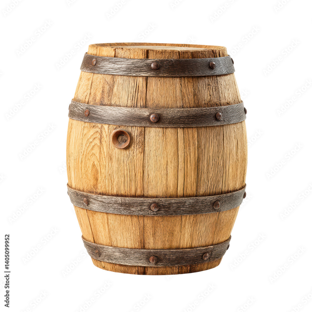 Fototapeta premium Wooden barrel with metal hoops on a white background. Concept of storage, aging, and rustic decor.