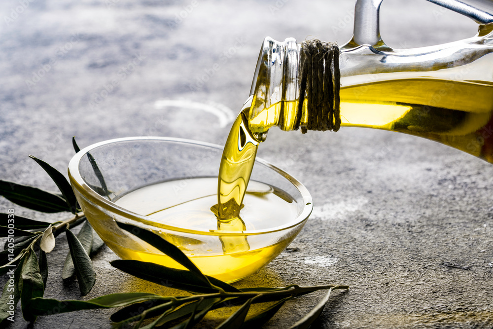 Organic olive oil in a jug on vintage background