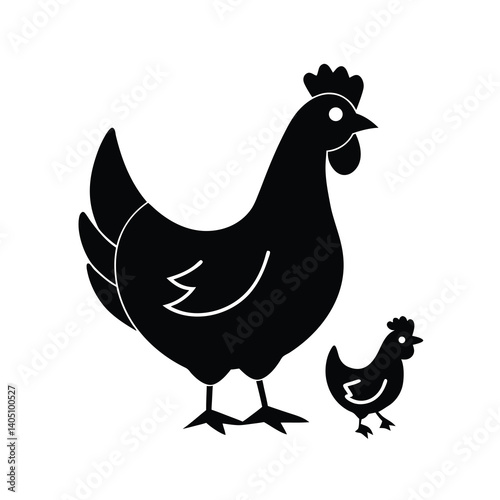 Silhouette Hen and Chick Vector Illustration

