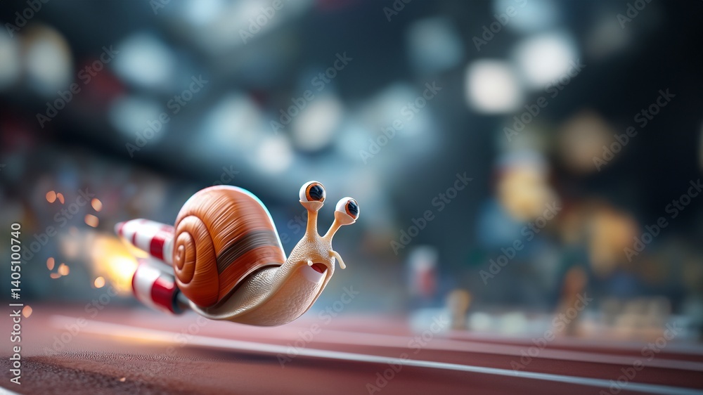 3D-Rendering einer Rennschnecke mit Flammeneffekt auf einer Rennstrecke mit unscharfem Hintergrund