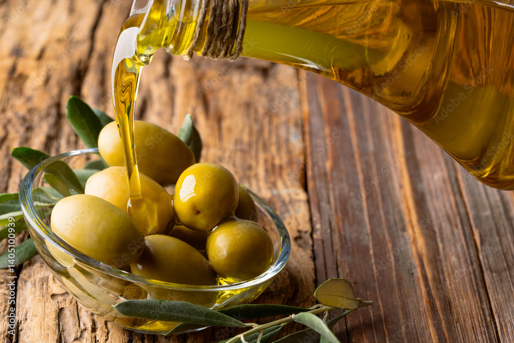 Organic olive oil pouring from carafe into glass bowl