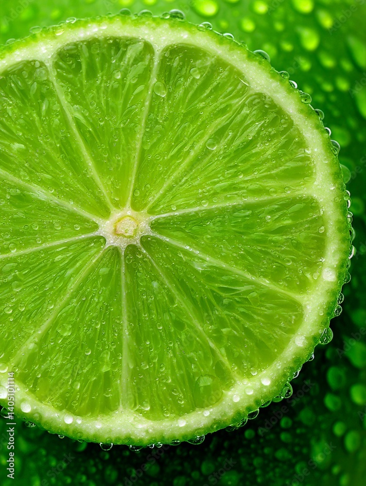 Macro top view of fresh lime slice with vibrant green texture centered on leaf surface symbolizing organic freshness detail and natural ingredient vibrancy in food visual Macro top view of fresh lime slice with vibrant green texture centered on leaf surface symbolizing organic freshness detail and natural ingredient vibrancy in food visual