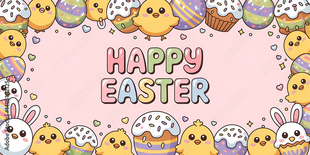Fototapeta premium Happy Easter! Cute chicks, eggs, and Easter cakes create a festive border.