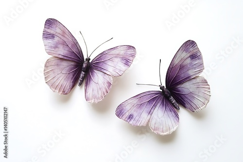 Purple Butterflies on White Background: Two delicate purple butterflies isolated on a pristine white background, ideal for spring or nature-themed design projects, offering space for text