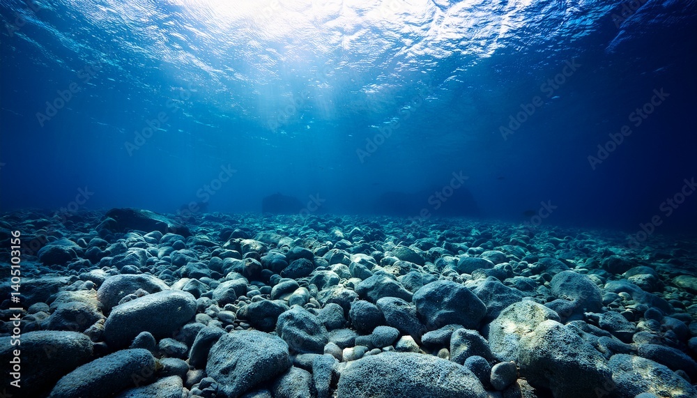 Fototapeta premium Dark blue ocean seen from underwater Dead seabed of stones and rocks