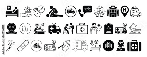 Hospital, Emergency Services, Ambulance, First Aid, Healthcare and Surgery icon set collection vector design.