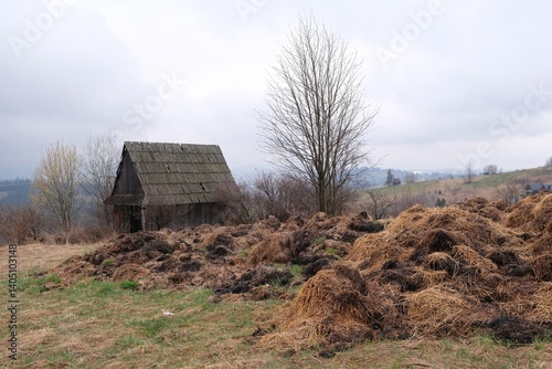 Obraz na płótnie Misty scenery of rural landscape with old wooden cottage and stack of dry grass, around Gliczarow Gorny, Podhale, Poland w salonie