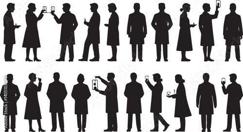 A collection of black and white silhouette icons depicting various scientists, laboratory equipment, and technology.