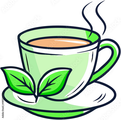 Aromatic Teacup: Fresh Leaves, White Background, Herbal Infusion, Wellness, Calm, Tranquility, Cozy,