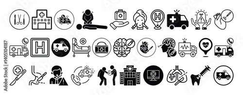Hospital, Emergency Services, Ambulance, First Aid, Medical and Surgery icon set collection vector design.