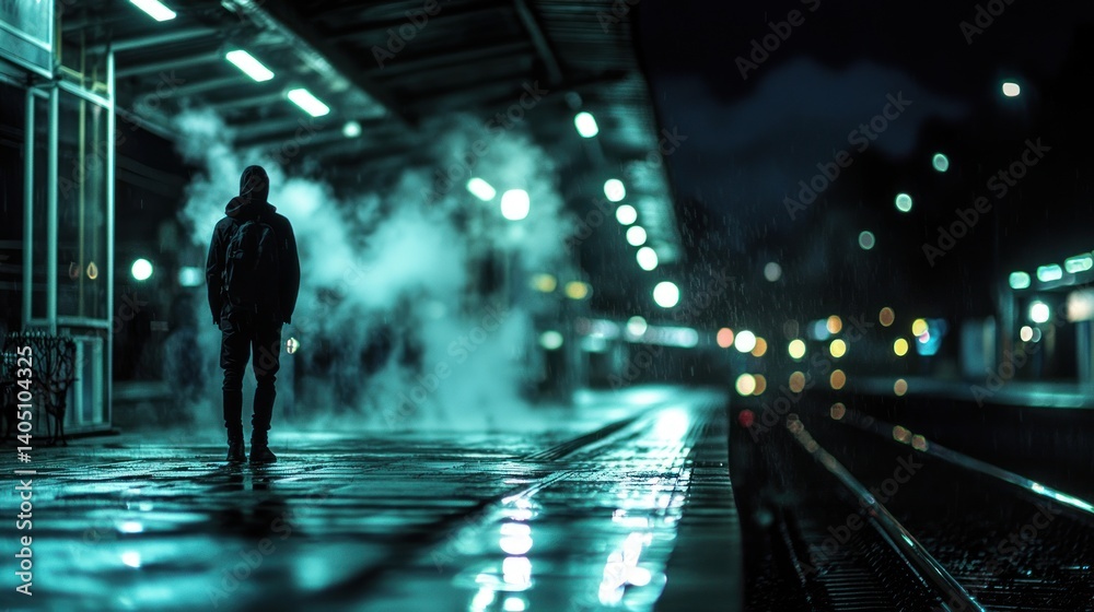 Fototapeta premium Nightfall Solitude: A lone figure walks away at a rain-swept train station under the eerie glow of neon lights, steam rising in the cold night air.