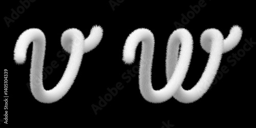 Fuzzy soft vector V, W capital script, hairy plush character. Puffy texture, 3d snow white letter, fur ball. Cat tail, animal alphabet. Fluffy font bubble typescript text. Furry pompon toy typography