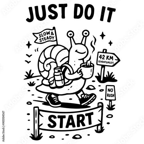 Funny snail with coffee on a marathon start, “Just do it” motivation in cute black and white vector cartoon style.
