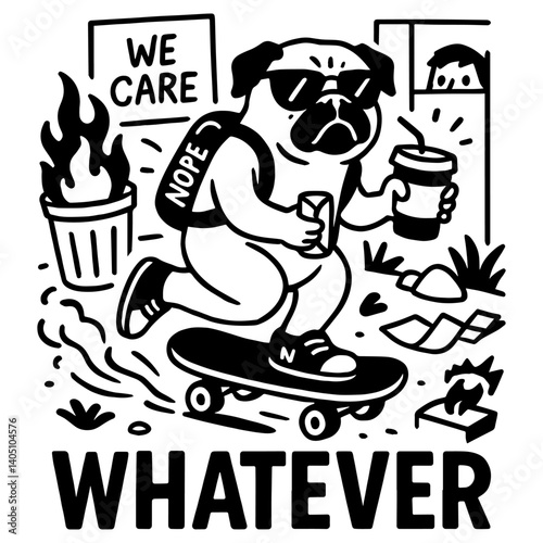 Cool pug on skateboard with coffee and “Whatever” quote. Funny office chaos scene with sarcastic attitude in bold black and white line art.