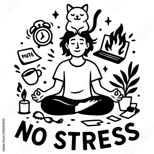 Funny meditation illustration with cat, burning laptop and “No Stress” quote. Calm person in chaos. Relax and humor line art design.