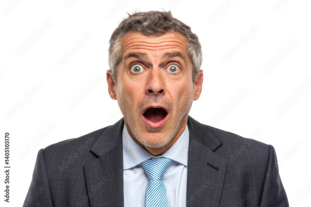 Surprised businessman expressing shock in a formal suit with a tie during a surprising event in a professional setting Surprised businessman expressing shock in a formal suit with a tie during a surprising event in a professional setting