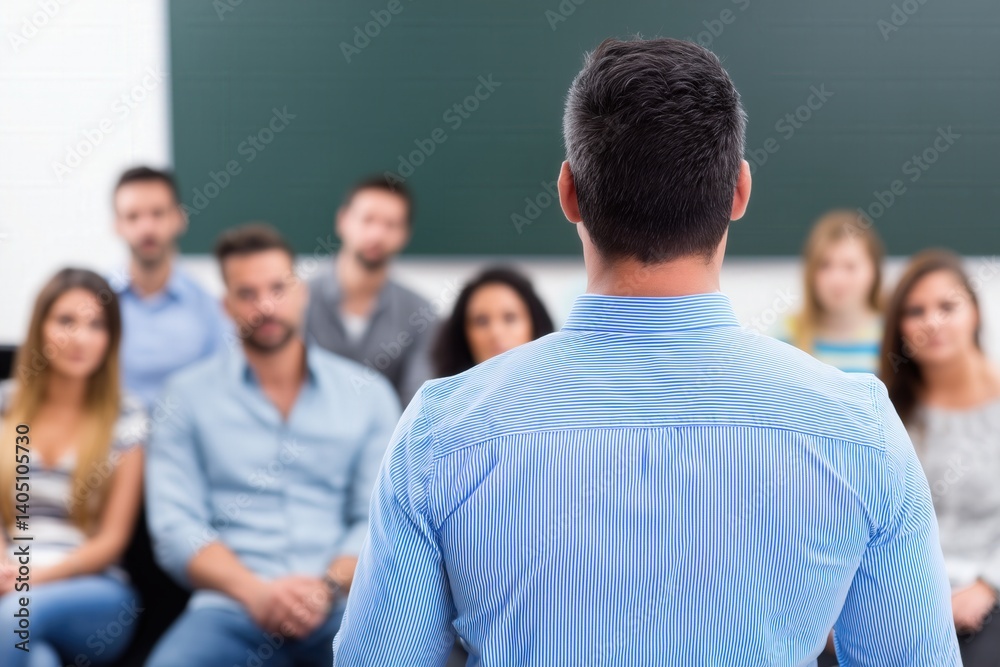 Fototapeta premium Male speaker addressing adults in classroom. business seminar or educational workshop context