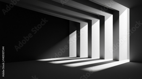 A minimalist black and white room with a geometric design.