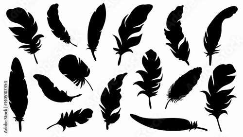 set of feather silhouette vector on white background
