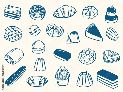 French dessert doodle illustration set