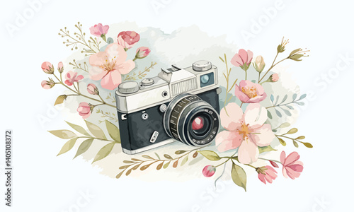 Watercolor Camera, Vintage film camera, watercolor illustration, pastel colors, pink roses, green leaves, floral accents, retro photography, artistic composition, Camera