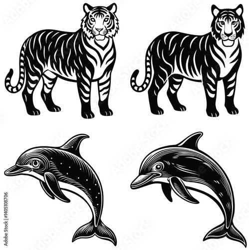 Striped black and white tiger, mammal silhouette