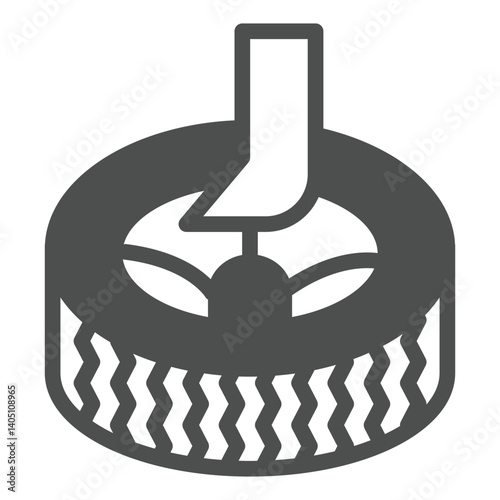 Crowbar with car wheel solid icon, tires fitting concept. Vector graphics. Removing and changing tire, work sign on white background, glyph style icon for mobile or web design.