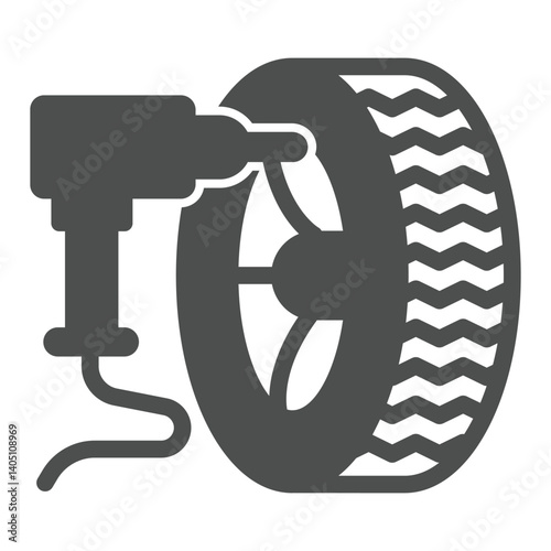 Electric screwdriver and car wheel solid icon, tires fitting concept. Vector graphics. Changing wheels, car service sign on white background, glyph style icon for mobile or web design.